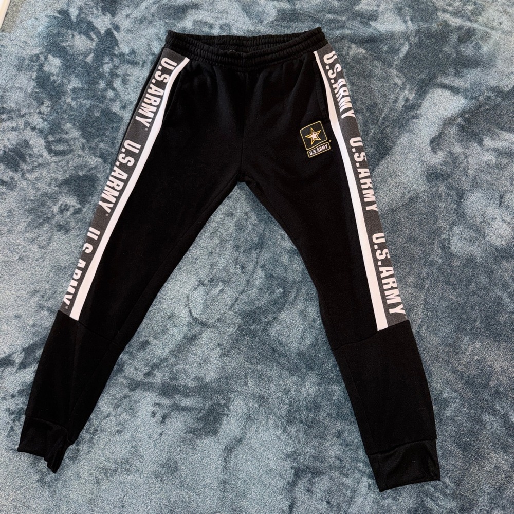 US Army Mens Side Stripe Jogger Sweatpants Large Black Fleece Lined Graphic